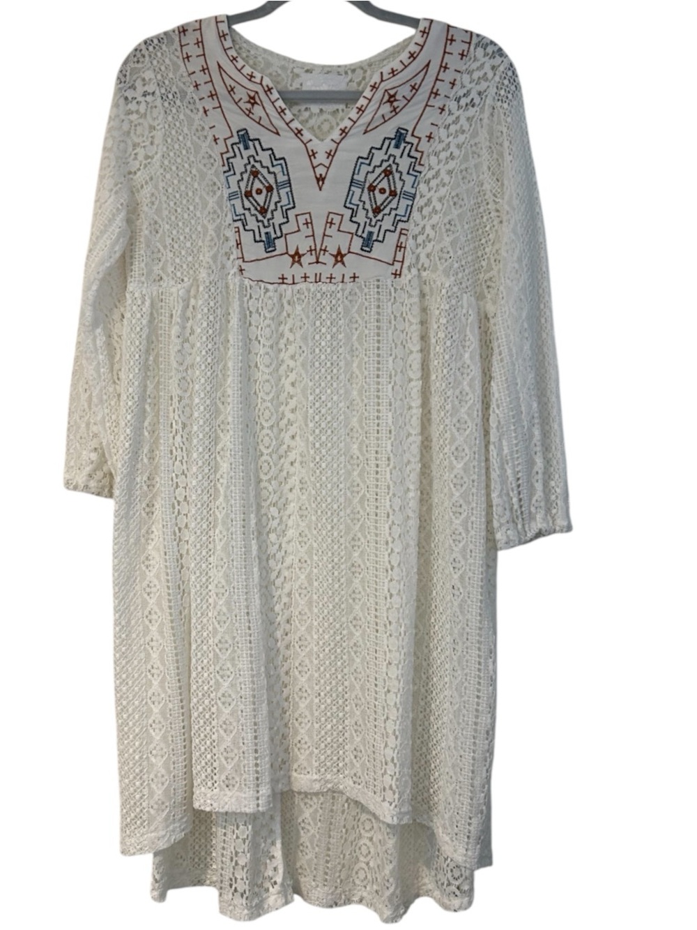 White Lace Embroidered Crochet High-Low Trapeze Dress Size Large